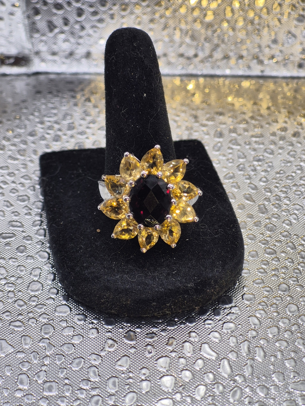 Sunburst Genuine Garnet and Citrine Floral Ring